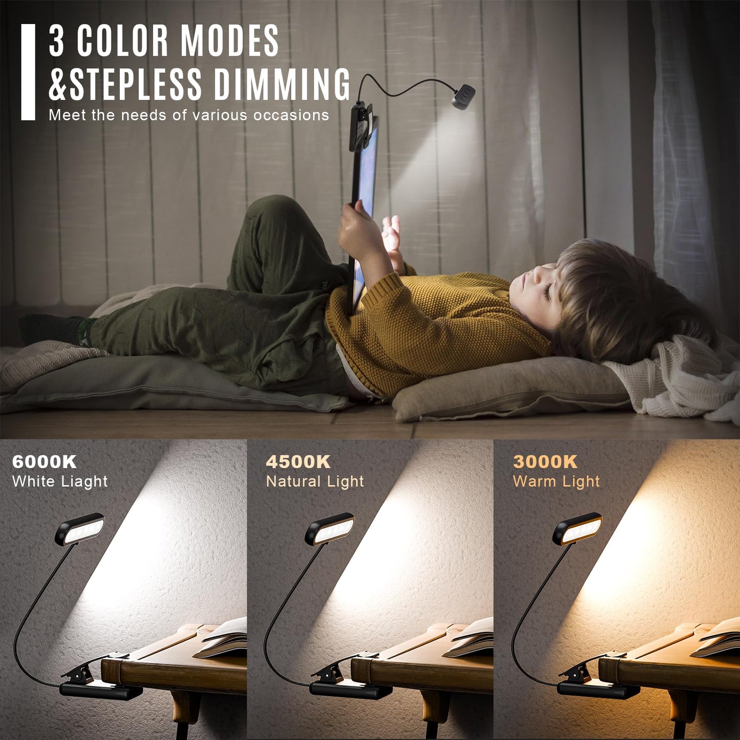 LQWELL®3× Nachttisch-Leselampe, wiederaufladbare USB-Leselampe, 3 Farbtemperaturen, 10 Helligkeitsstufen, stufenlos dimmbar, 360° flexibles Buchlicht für Kinder und Buchliebhaber (Schwarz, 3 Stück)