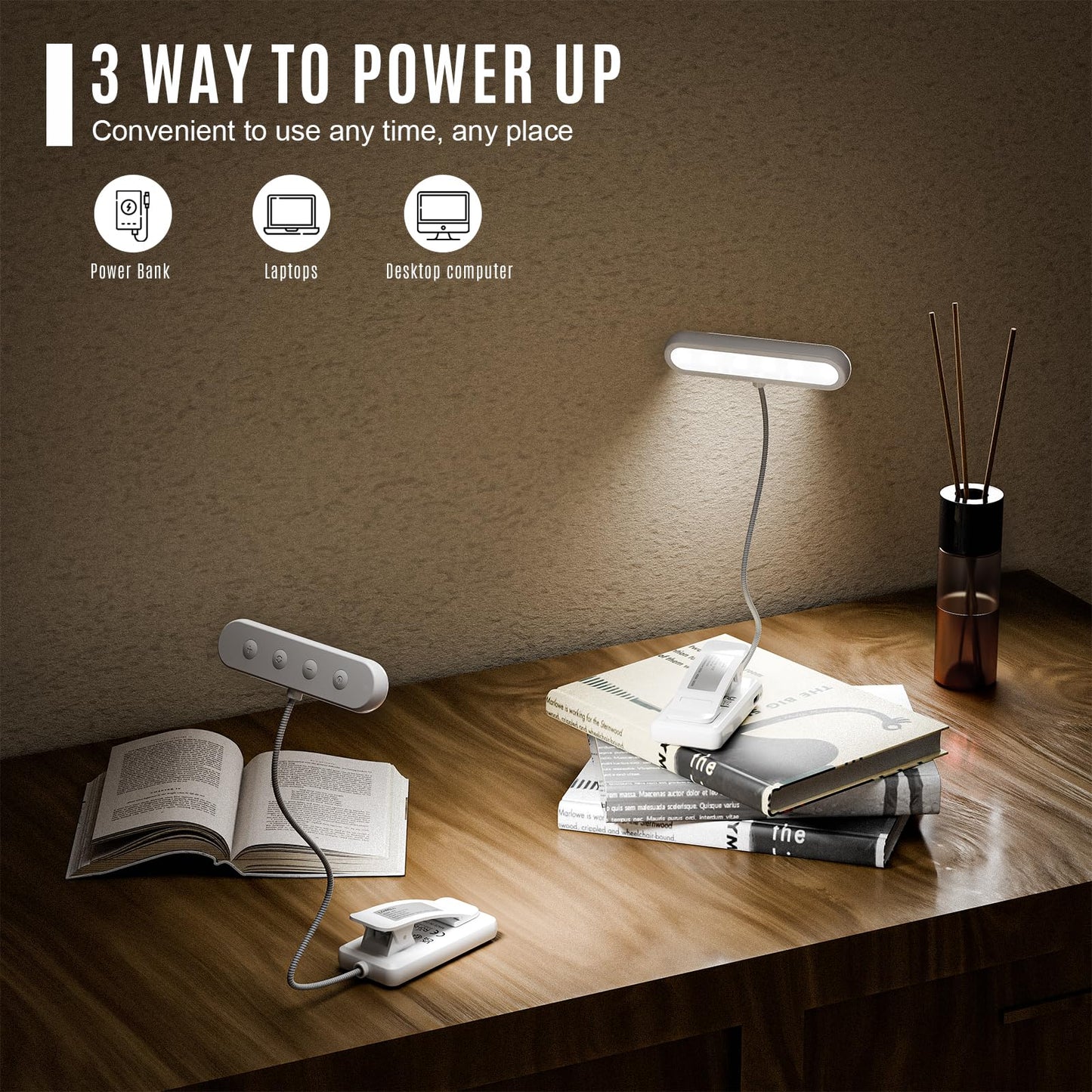 LQWELL®3× Nachttisch-Leselampe, wiederaufladbare USB-Leselampe, 3 Farbtemperaturen, 10 Helligkeitsstufen, stufenlos dimmbar, 360° flexibles Buchlicht für Kinder und Buchliebhaber (Weiß, 3 Stück)