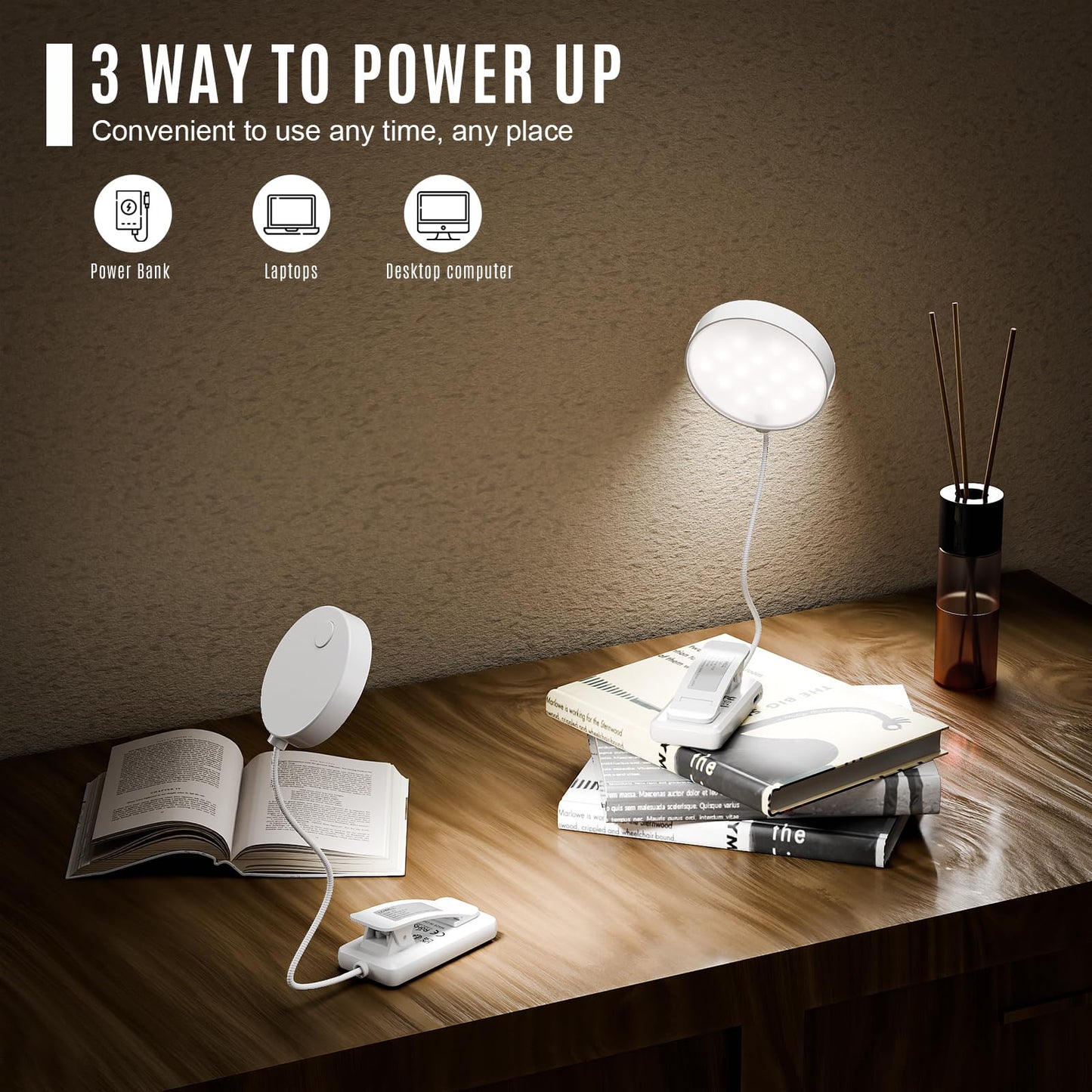 LQWELL® 1x Leselampe Buch Klemme im Bett, USB Wiederaufladbare Leselicht mit 3 Farbtemperaturen, 10 Helligkeitsstufen & Stufenloses Dimmen, 360° Flexibel Buchlampe für Kinder, Buchliebhaber, Weiss