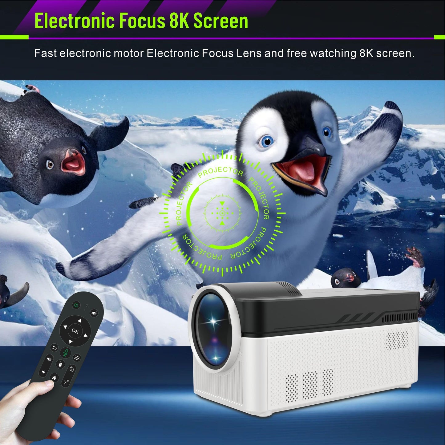 LQWELL® Beamer, Heimkino Projektor 1080P, unterstützt WiFi 6, BT5.4, 8K-Wiedergabe mit Android OS, 200 Zoll Display, Motorisierter Fokus, Bildschirmversatz für Phone/PC/Xbox, hdmi, USB, AC
