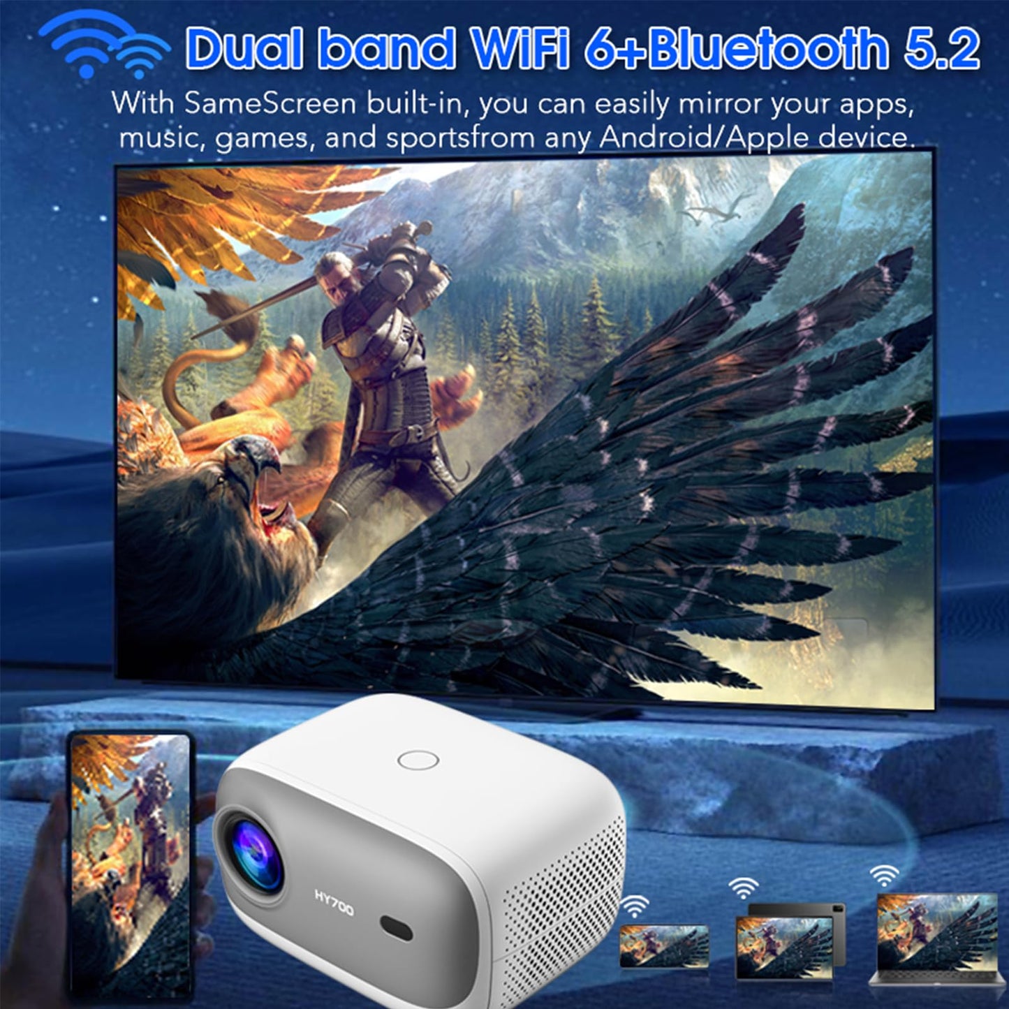 LQWELL® Beamer, HY700 Heimkino Projektor 1080P, unterstützt WiFi 6, BT5.2 mit Android OS, 120 Zoll Display, Motorisierter Fokus, für Phone/PC/Xbox, hdmi, USB
