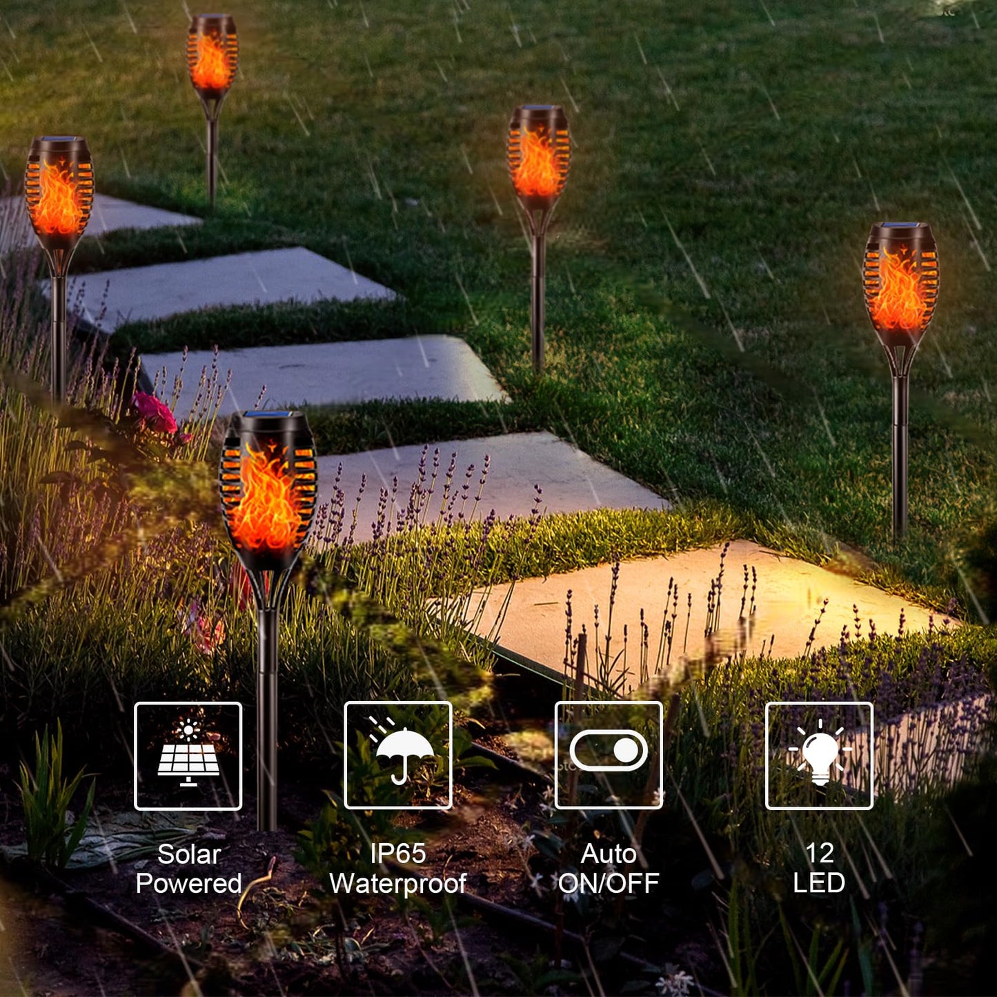 LQWELL® Solarleuchten Solar Fackellicht für Außen Garten 6 Stück 12 LED Solarlampe mit Realistischer Flammeneffekt IP65 Wasserdicht Gartenfackeln Solar Weg Hinterhöfe Rasen Beleuchtung (6 Stück)