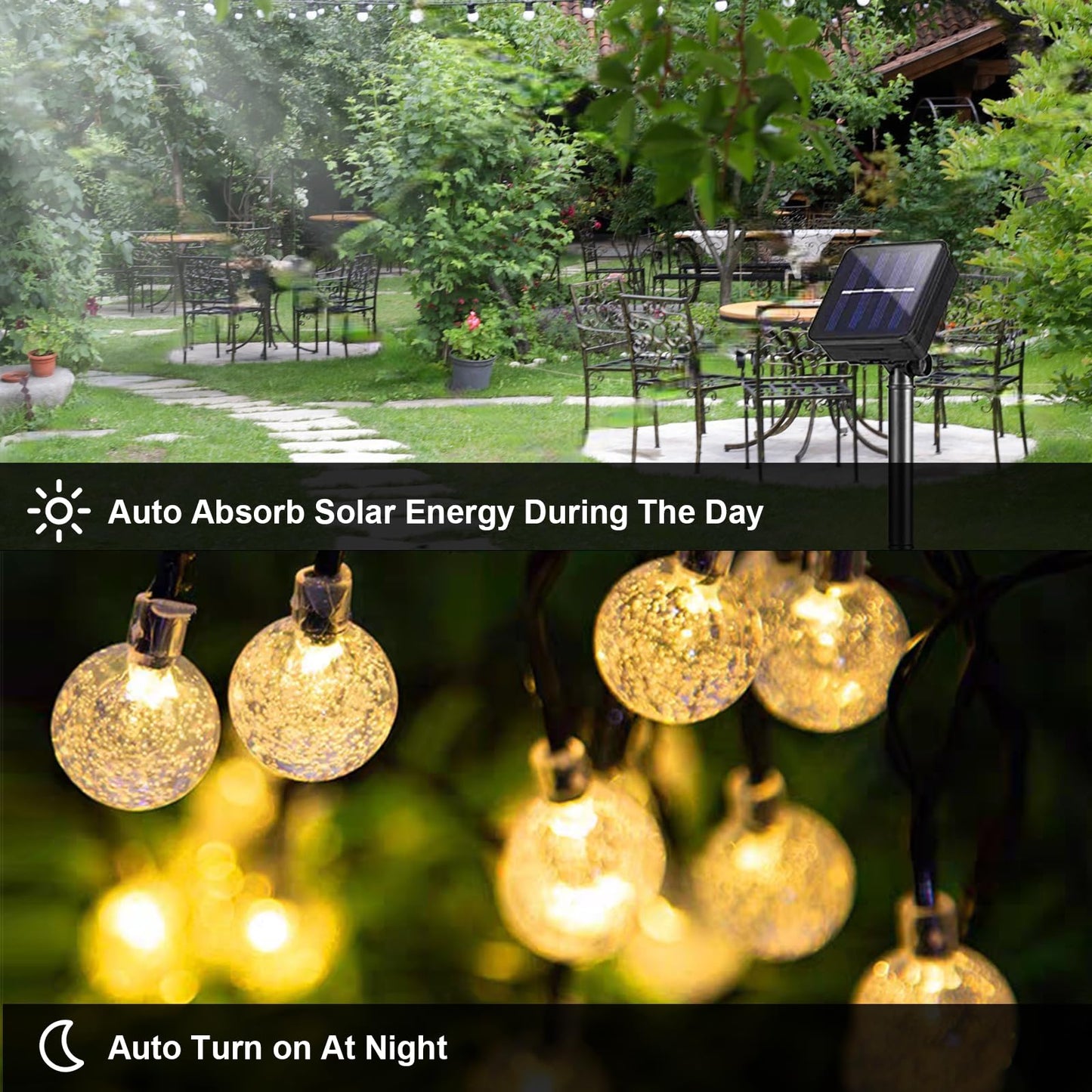 LQWELL® Solar Lichterkette Aussen 5M 15LED 8 Modi für Innen und Aussen Kettenlicht Kristall Kugeln IP44 Wasserdicht Garten Terrasse Balkon Hochzeit Party Fenster (Warmweiß)
