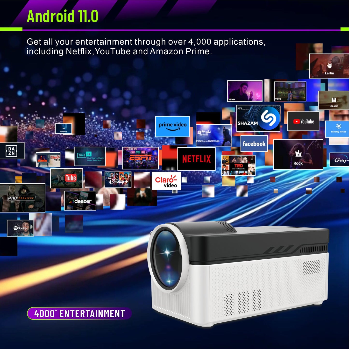 LQWELL® Beamer, Heimkino Projektor 1080P, unterstützt WiFi 6, BT5.4, 8K-Wiedergabe mit Android OS, 200 Zoll Display, Motorisierter Fokus, Bildschirmversatz für Phone/PC/Xbox, hdmi, USB, AC