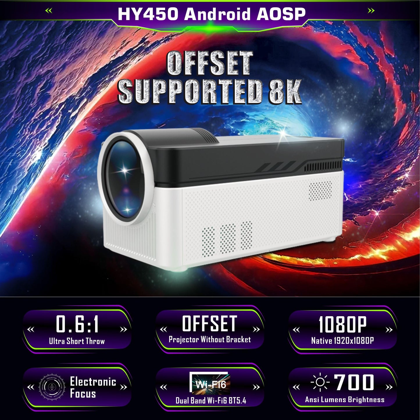LQWELL® Beamer, Heimkino Projektor 1080P, unterstützt WiFi 6, BT5.4, 8K-Wiedergabe mit Android OS, 200 Zoll Display, Motorisierter Fokus, Bildschirmversatz für Phone/PC/Xbox, hdmi, USB, AC