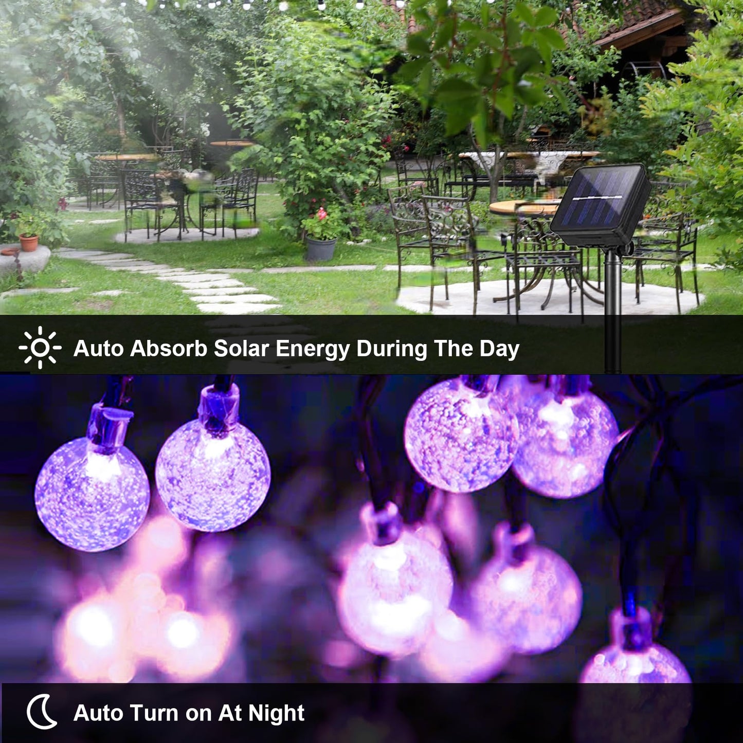 LQWELL® Solar Lichterkette Aussen 5M 15LED 8 Modi für Innen und Aussen Kettenlicht Kristall Kugeln IP44 Wasserdicht Garten Terrasse Balkon Hochzeit Party Fenster (Lila)