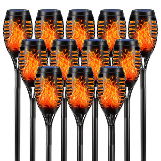 LQWELL® Solarleuchten Solar Fackellicht für Außen Garten 12 Stück 12 LED Solarlampe mit Realistischer Flammeneffekt IP65 Wasserdicht Gartenfackeln Solar Weg Hinterhöfe Rasen Beleuchtung (12 Stück)