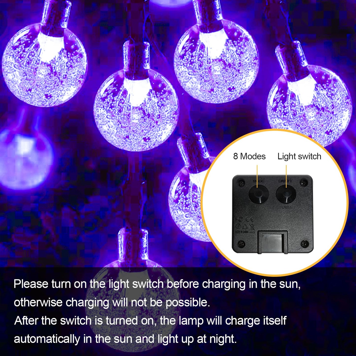 LQWELL® Solar Lichterkette Aussen 5M 15LED 8 Modi für Innen und Aussen Kettenlicht Kristall Kugeln IP44 Wasserdicht Garten Terrasse Balkon Hochzeit Party Fenster (Lila)