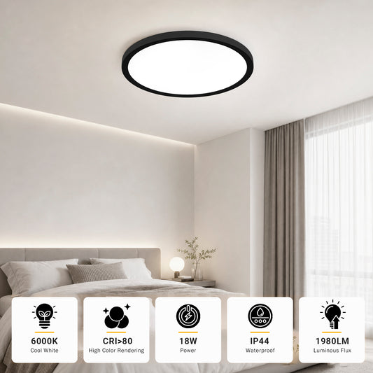 Runde LED-Deckenleuchte mit flachem Diffusor und schwarzem Rahmen