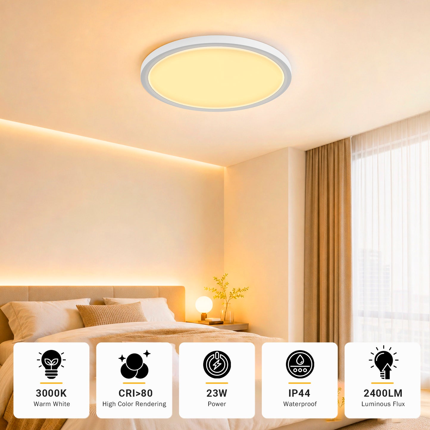 Flache runde LED-Deckenleuchte mit weißem Ring, IP44 wasserfest