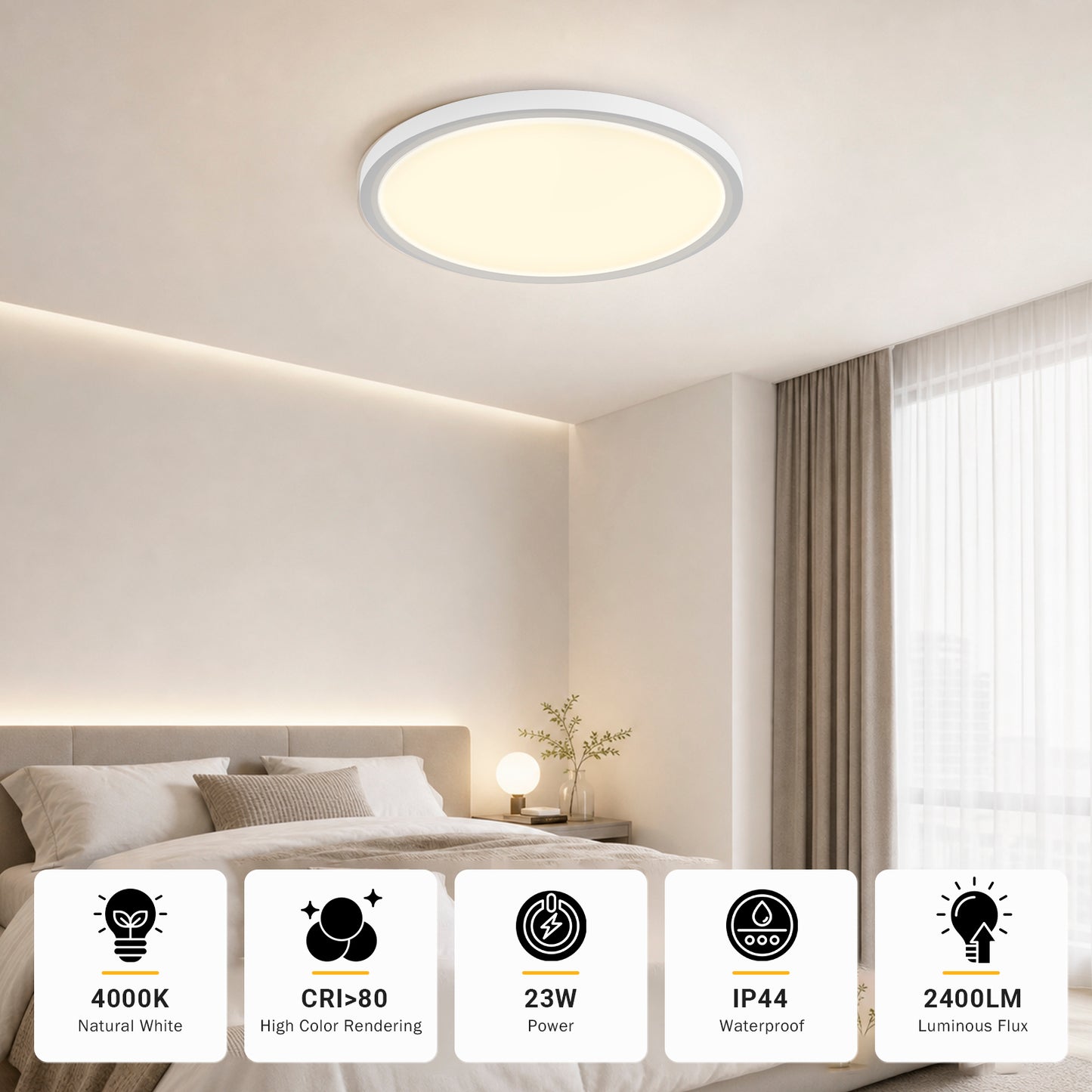 LQWELL® LED-Deckenleuchte rund an der Decke, IP44, flach, mit gleichmäßigem Lichtschein