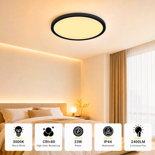 Runde flache LED-Deckenleuchte mit schwarzem Rand und warmweißem Licht