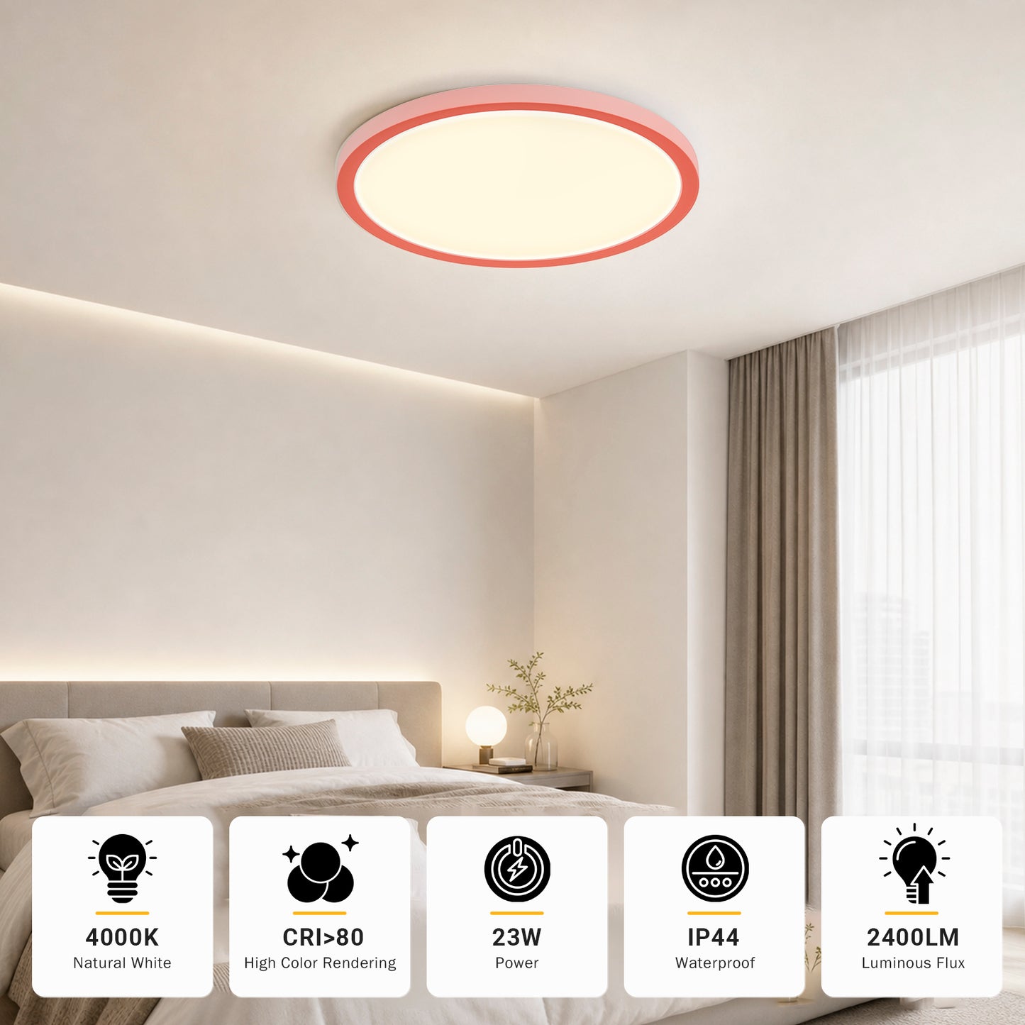 Flache runde LED-Deckenleuchte mit weißem Rand, warmweißem Lichtkreis, IP44 wasserfest