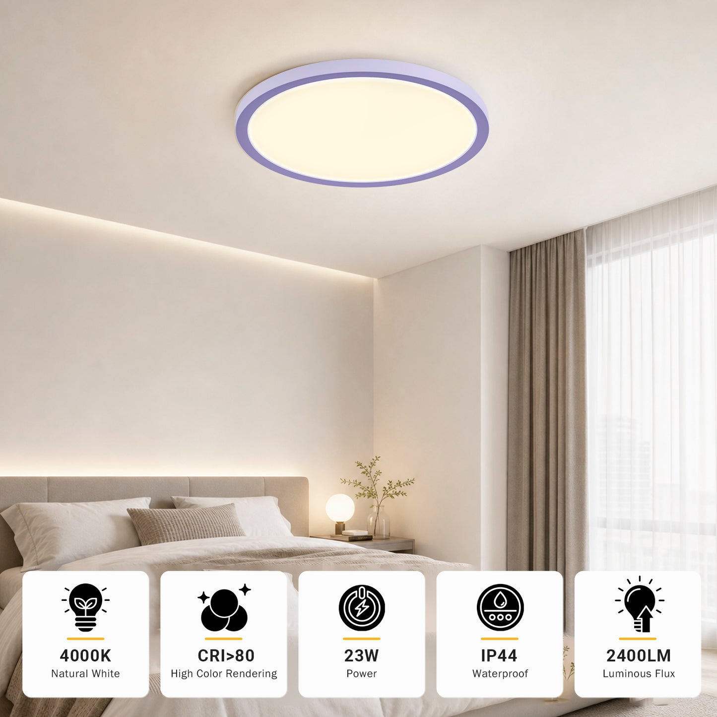 Flache runde LED-Deckenleuchte mit Lichtschein, IP44, 4000K, 2400lm