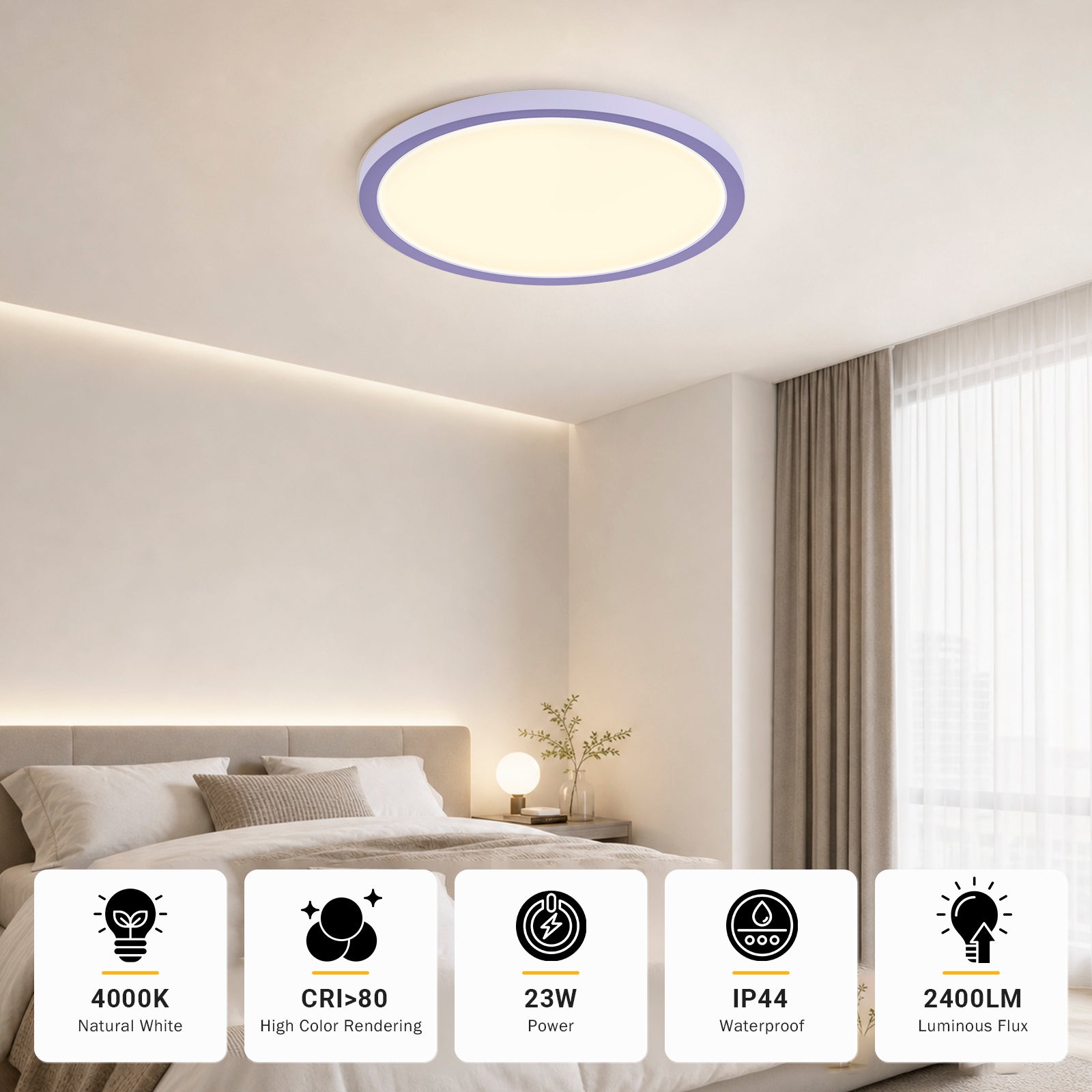 Flache runde LED-Deckenleuchte mit Lichtschein, IP44, 4000K, 2400lm