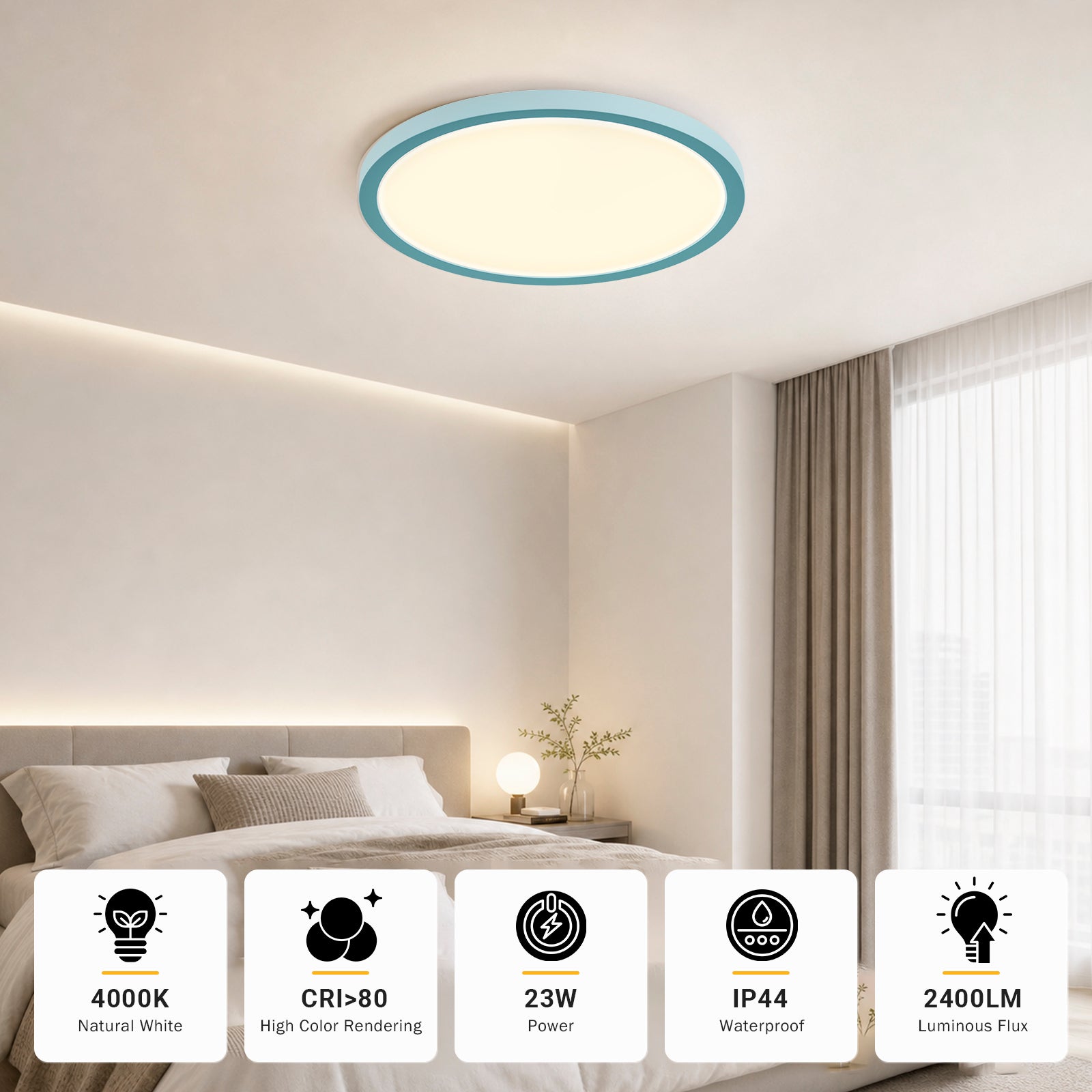 LQWELL® runde LED-Deckenleuchte mit flachem Modul und leuchtender Lichtfläche an der Decke