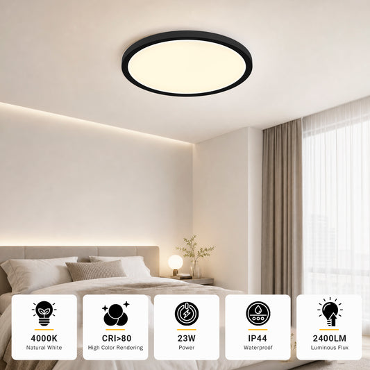 Runde LED-Deckenleuchte mit schwarzem Rahmen, flach an der Decke, warmweißes Leuchten