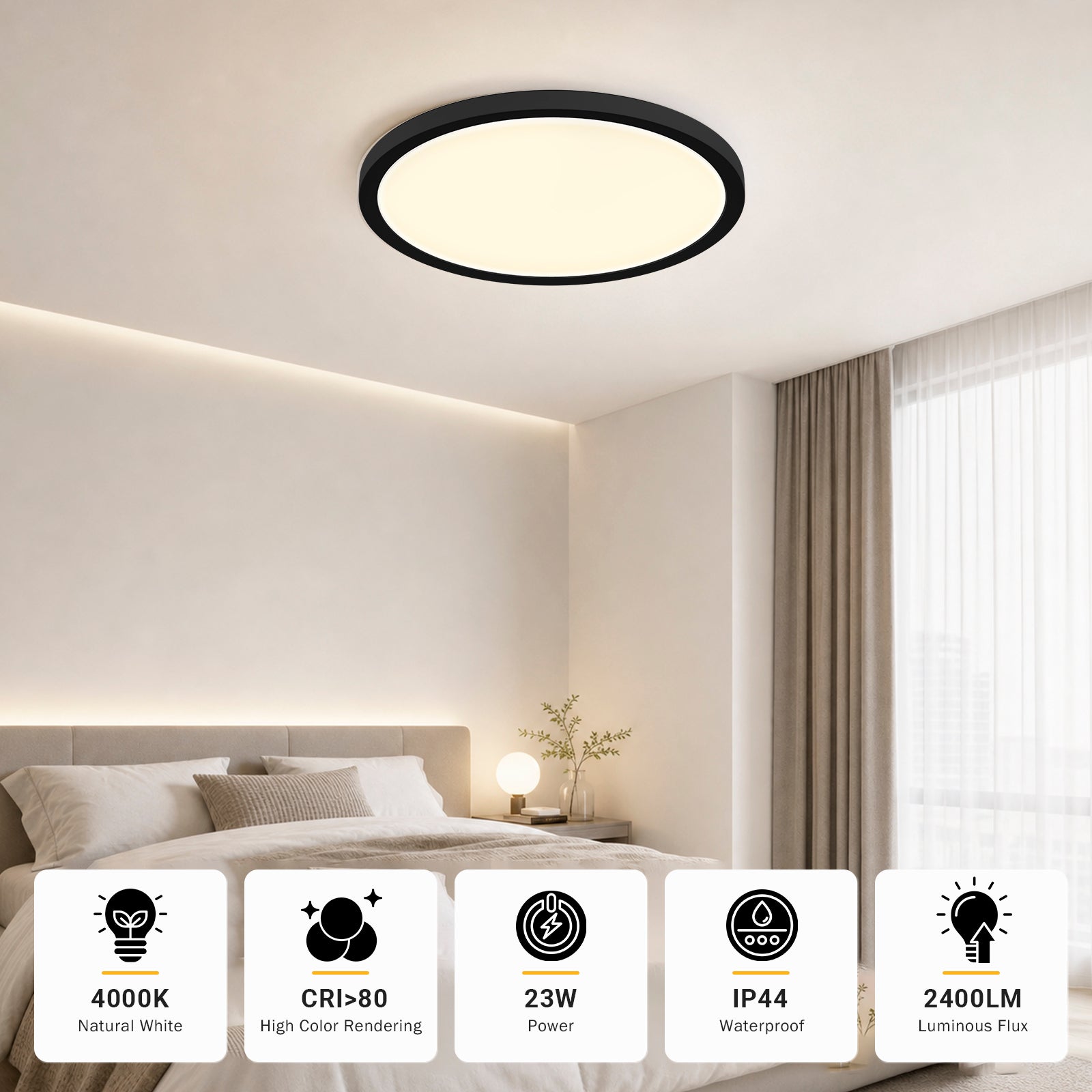Runde LED-Deckenleuchte mit schwarzem Rahmen, flach an der Decke, warmweißes Leuchten