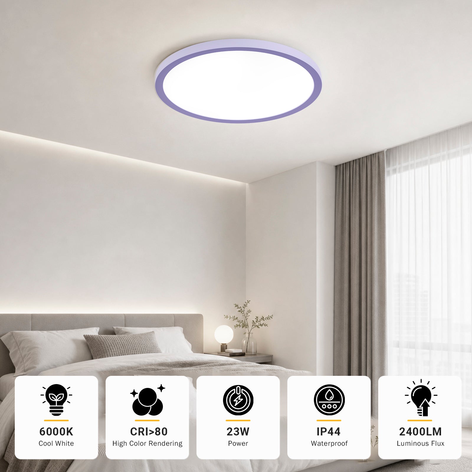 Runde LED-Deckenleuchte für Decke, flach, mit Leuchtring, Schutzart IP44