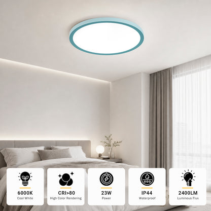Runde LED-Deckenleuchte, flacher Ring, im Bad/Wohnraum montiert, kühle weiße Lichtfarbe