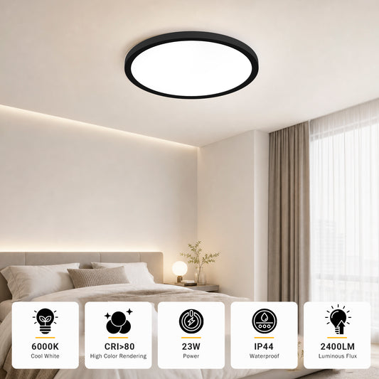 Runde LED-Deckenleuchte mit schwarzem Rahmen und flachem Lichtaustritt