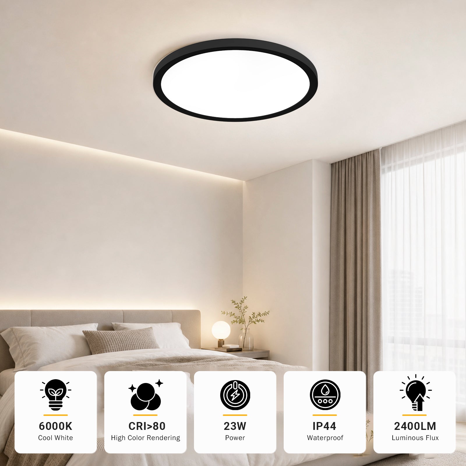 Runde LED-Deckenleuchte mit schwarzem Rahmen und flachem Lichtaustritt