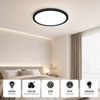 Runde LED-Deckenleuchte mit schwarzem Rahmen und flachem Lichtaustritt