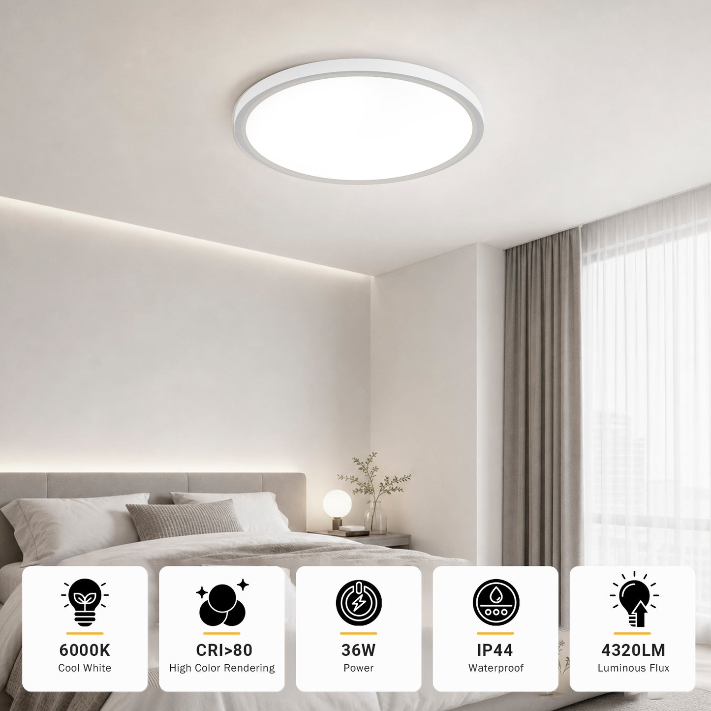 Runde LED-Deckenlampe IP44: 6000K, 36W, 4320 lm, CRI>80