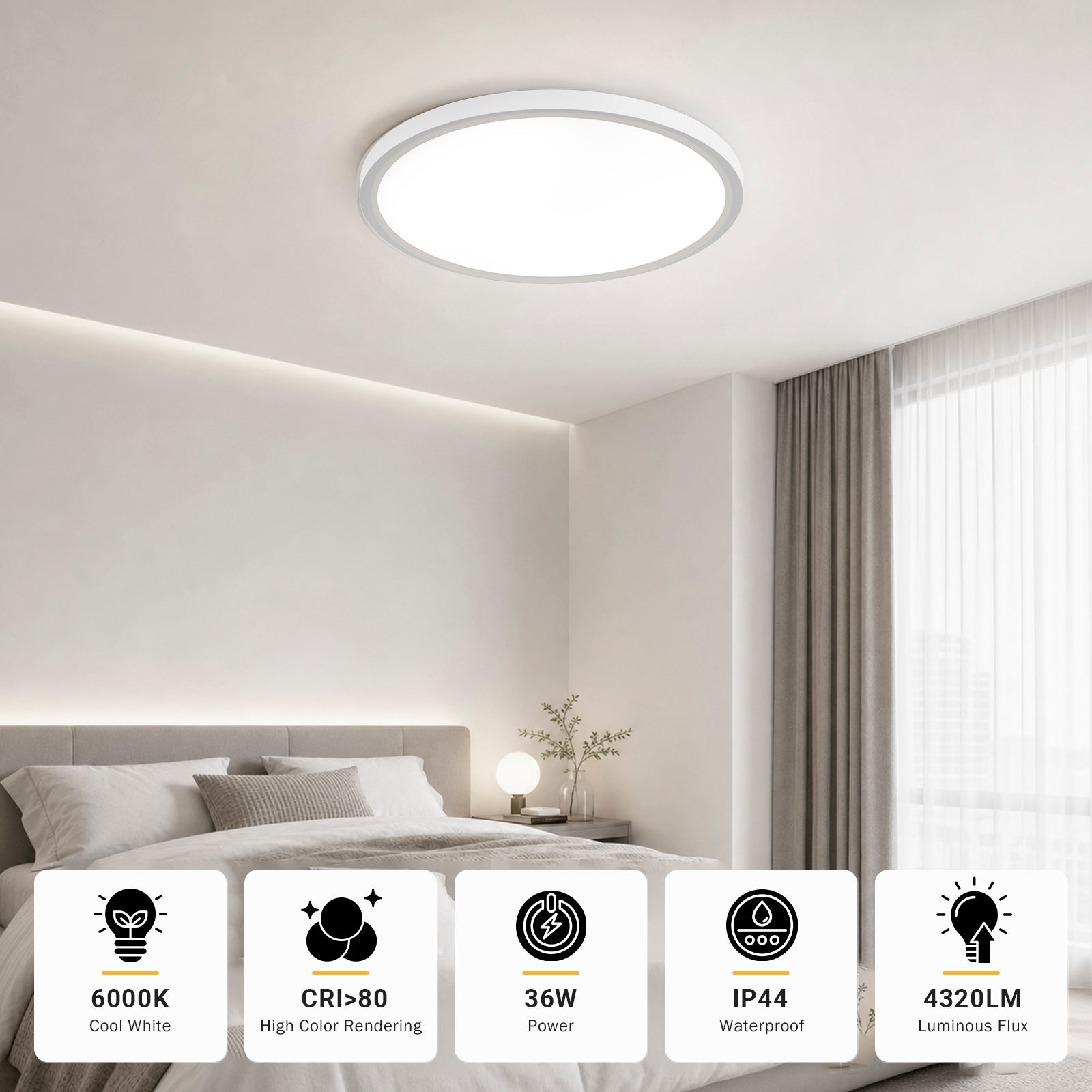 Runde LED-Deckenlampe IP44: 6000K, 36W, 4320 lm, CRI>80