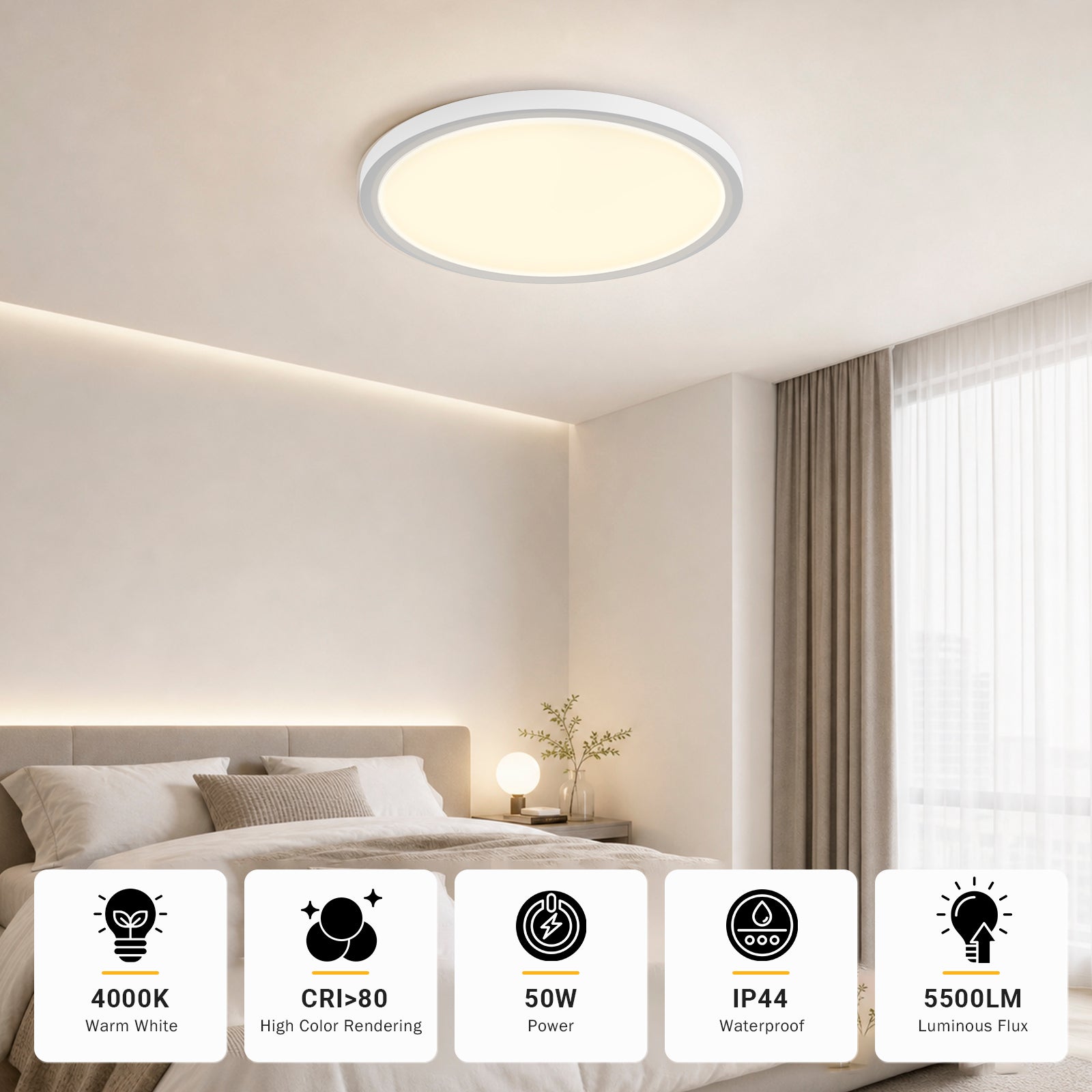Flache runde LED-Deckenleuchte mit warmweißem Licht, gleichmäßige Ausleuchtung