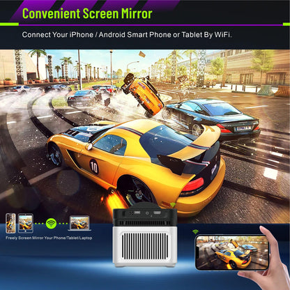 LQWELL® Beamer, Home Cinema Projector 1080P, Supports WiFi 6, BT5.4, 8K Playback with Android OS, 200 Inch Display, Motorized Focus, Screen Offset for Phone/PC/Xbox, HDMI, USB, AC