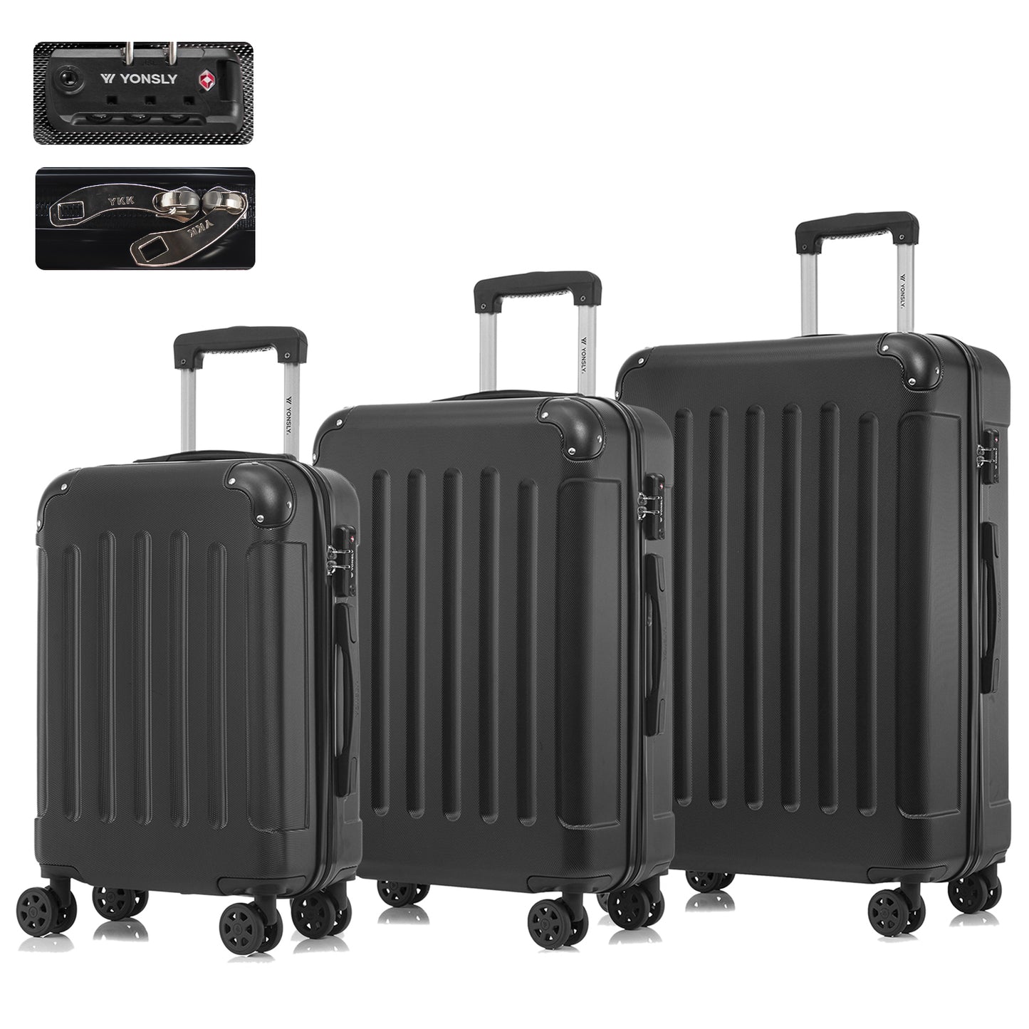 YONSLY® Premium Luggage TSA Lock, YKK Zipper Hardside Suitcase Trolley Cabin Suitcase Rolling Suitcase Hand Luggage 4 Wheels (M-L-XL-Set)