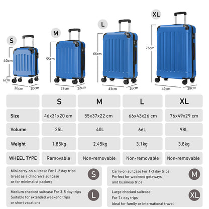 YONSLY® Cabin Suitcase with Detachable Wheels, S Suitcase, Trolley Travel Suitcase, Rolling Suitcase Carry-on with 4 360° Wheels, Hardshell Travel Suitcase, Combination Lock, Rubber Handle