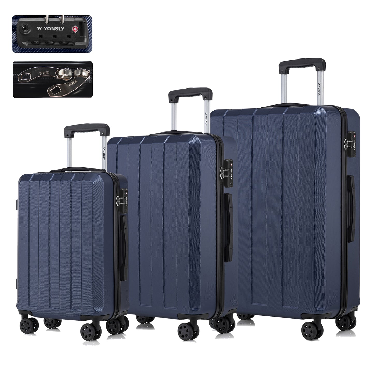 YONSLY® Premium Reisekoffer TSA-Schloss,YKK-Reißverschluss Hartschalen-Koffer Trolley Kabinenkoffer Rollkoffer Suitcase Handgepäck 4 Rollen (M-L-XL-Set)