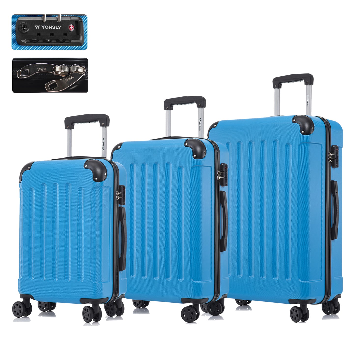 YONSLY® Premium Luggage TSA Lock, YKK Zipper Hardside Suitcase Trolley Cabin Suitcase Rolling Suitcase Hand Luggage 4 Wheels (M-L-XL-Set)