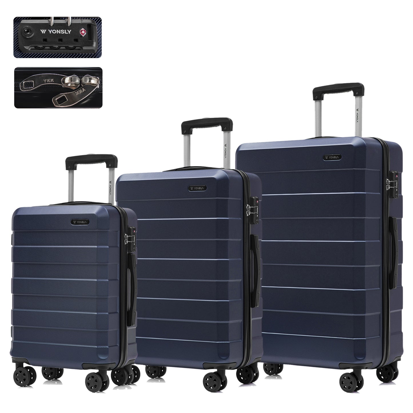 YONSLY® Premium Luggage TSA Lock, YKK Zipper Hardshell Suitcase Trolley Carry-on Spinner Luggage with 4 Wheels (M-L-XL Set)