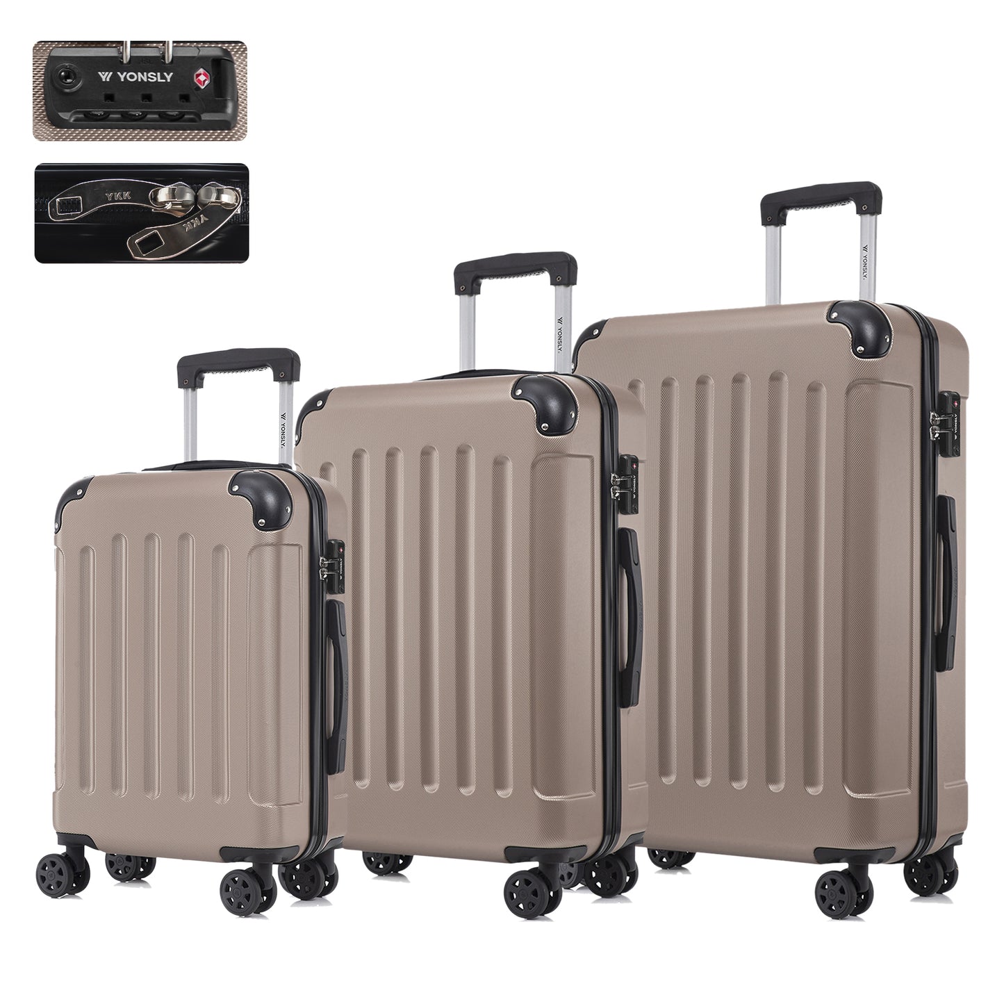 YONSLY® Premium Luggage TSA Lock, YKK Zipper Hardside Suitcase Trolley Cabin Suitcase Rolling Suitcase Hand Luggage 4 Wheels (M-L-XL-Set)