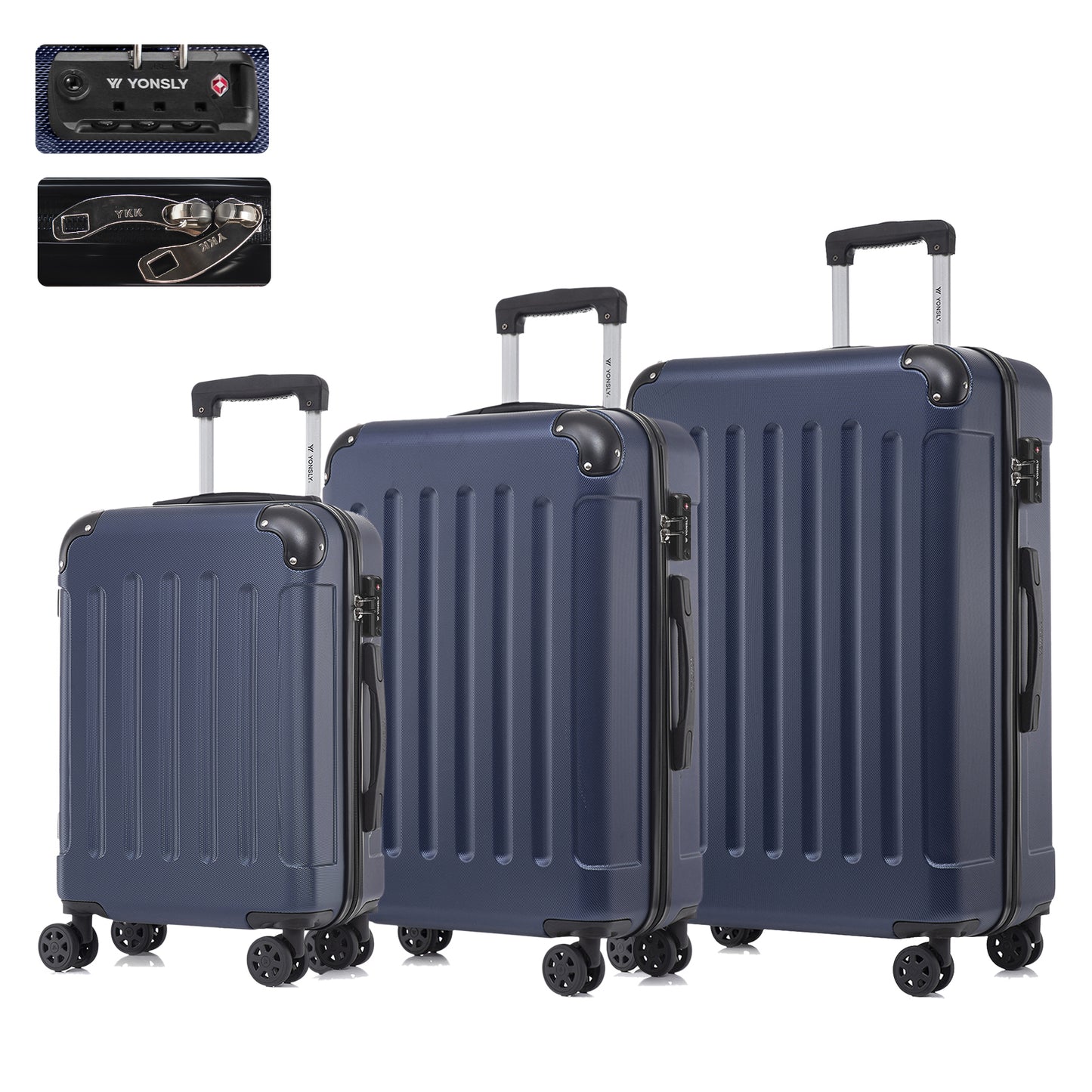 YONSLY® Premium Luggage TSA Lock, YKK Zipper Hardside Suitcase Trolley Cabin Suitcase Rolling Suitcase Hand Luggage 4 Wheels (M-L-XL-Set)
