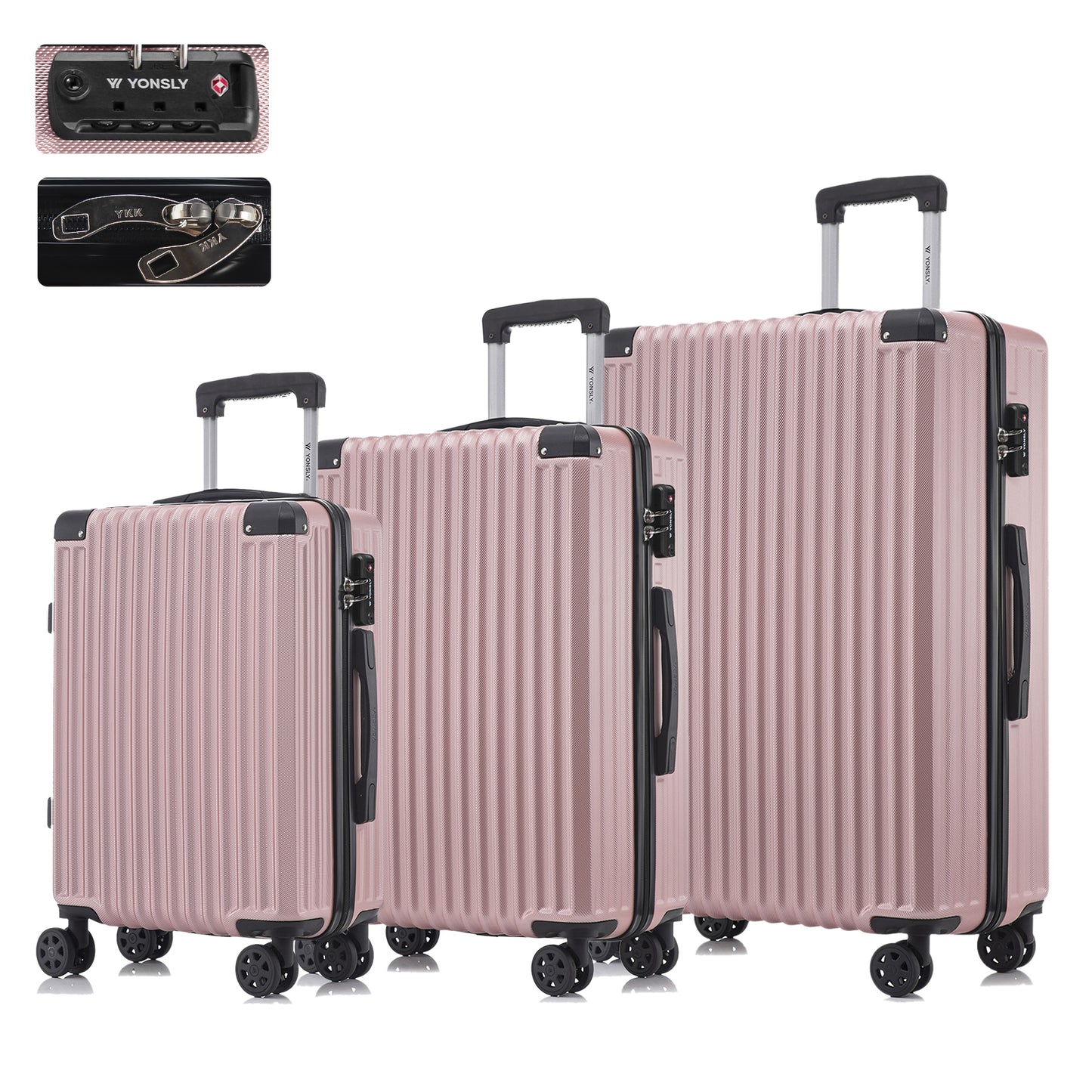 YONSLY® Premium Reisekoffer TSA-Schloss,YKK-Reißverschluss Hartschalen-Koffer Trolley Kabinenkoffer Rollkoffer Suitcase Handgepäck 4 Rollen (M-L-XL-Set)