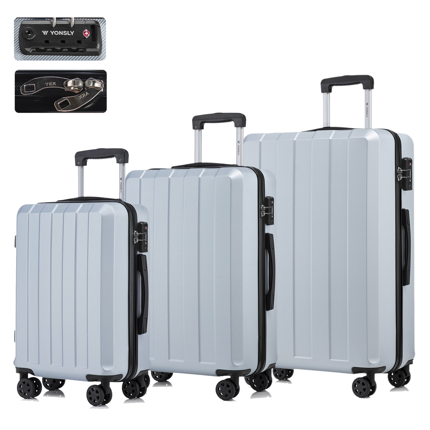 YONSLY® Premium Reisekoffer TSA-Schloss,YKK-Reißverschluss Hartschalen-Koffer Trolley Kabinenkoffer Rollkoffer Suitcase Handgepäck 4 Rollen (M-L-XL-Set)