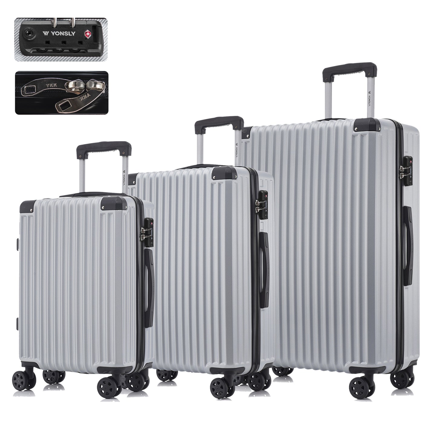 YONSLY® Premium Reisekoffer TSA-Schloss,YKK-Reißverschluss Hartschalen-Koffer Trolley Kabinenkoffer Rollkoffer Suitcase Handgepäck 4 Rollen (M-L-XL-Set)