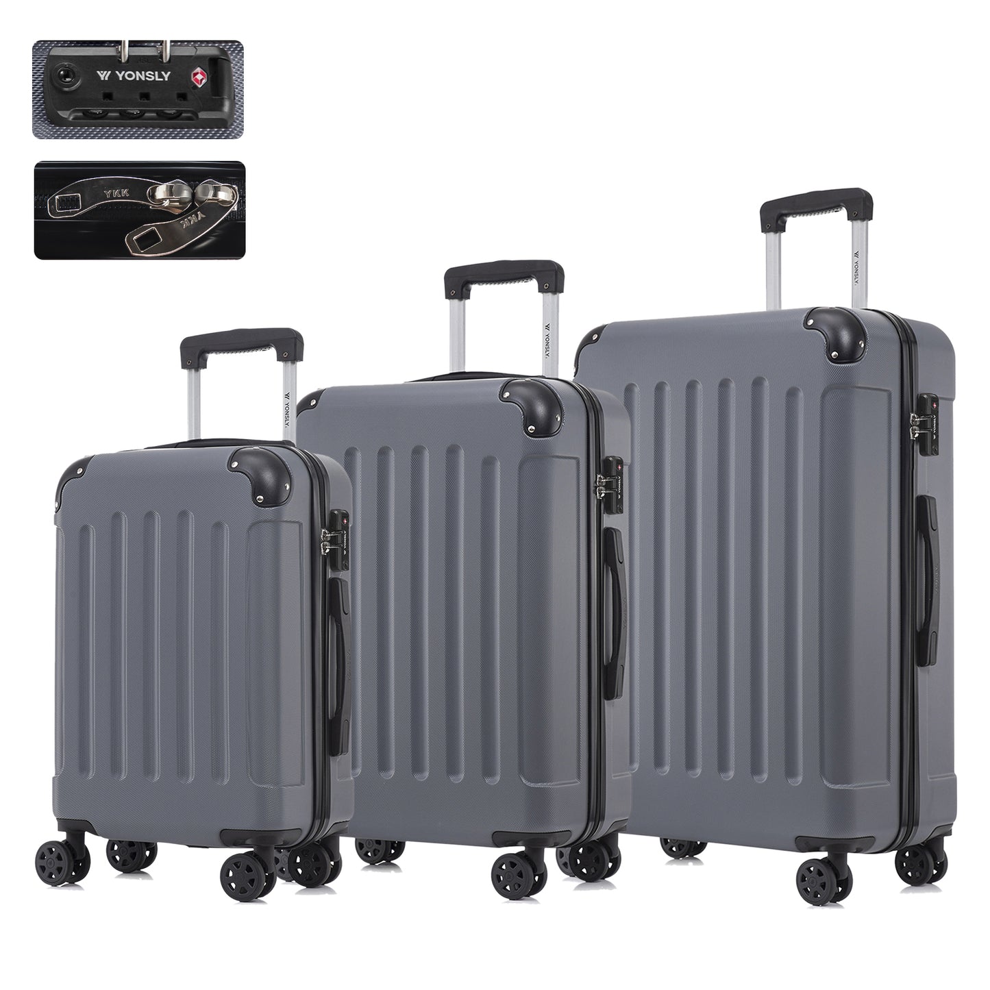 YONSLY® Premium Luggage TSA Lock, YKK Zipper Hardside Suitcase Trolley Cabin Suitcase Rolling Suitcase Hand Luggage 4 Wheels (M-L-XL-Set)