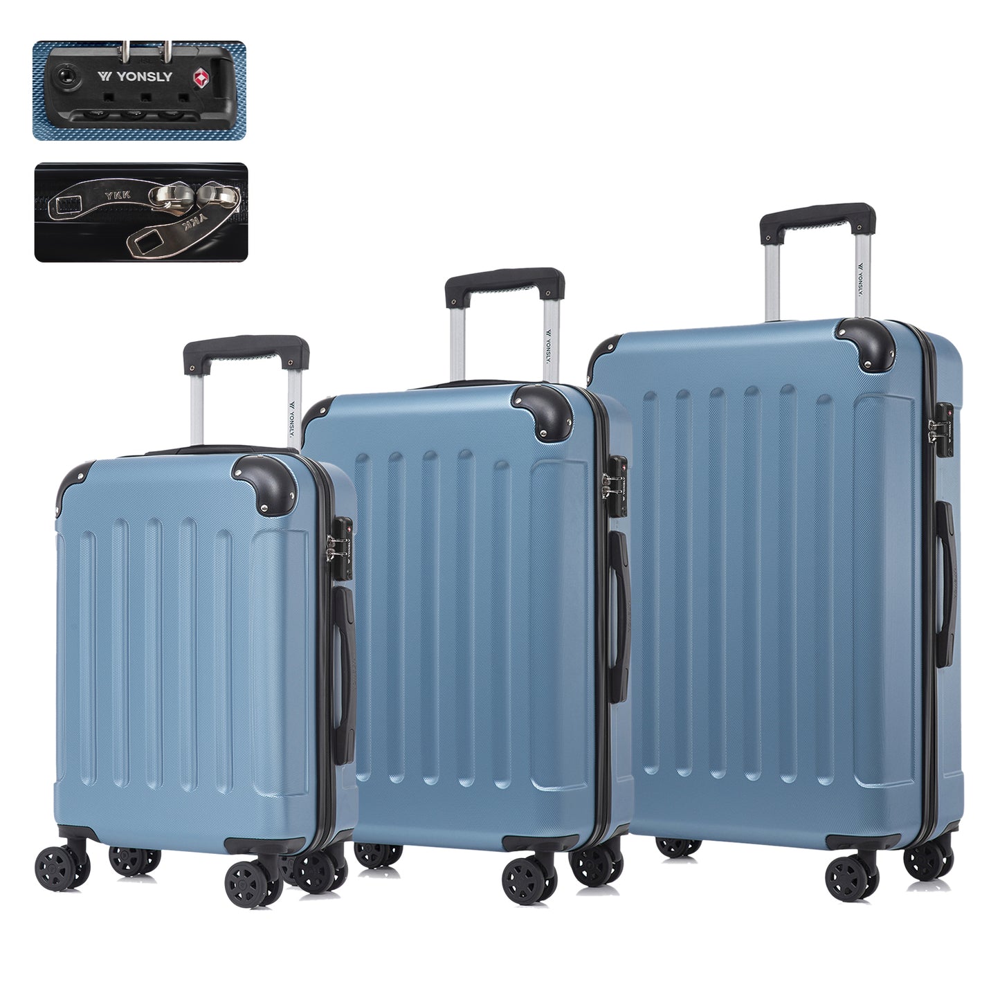 YONSLY® Premium Luggage TSA Lock, YKK Zipper Hardside Suitcase Trolley Cabin Suitcase Rolling Suitcase Hand Luggage 4 Wheels (M-L-XL-Set)