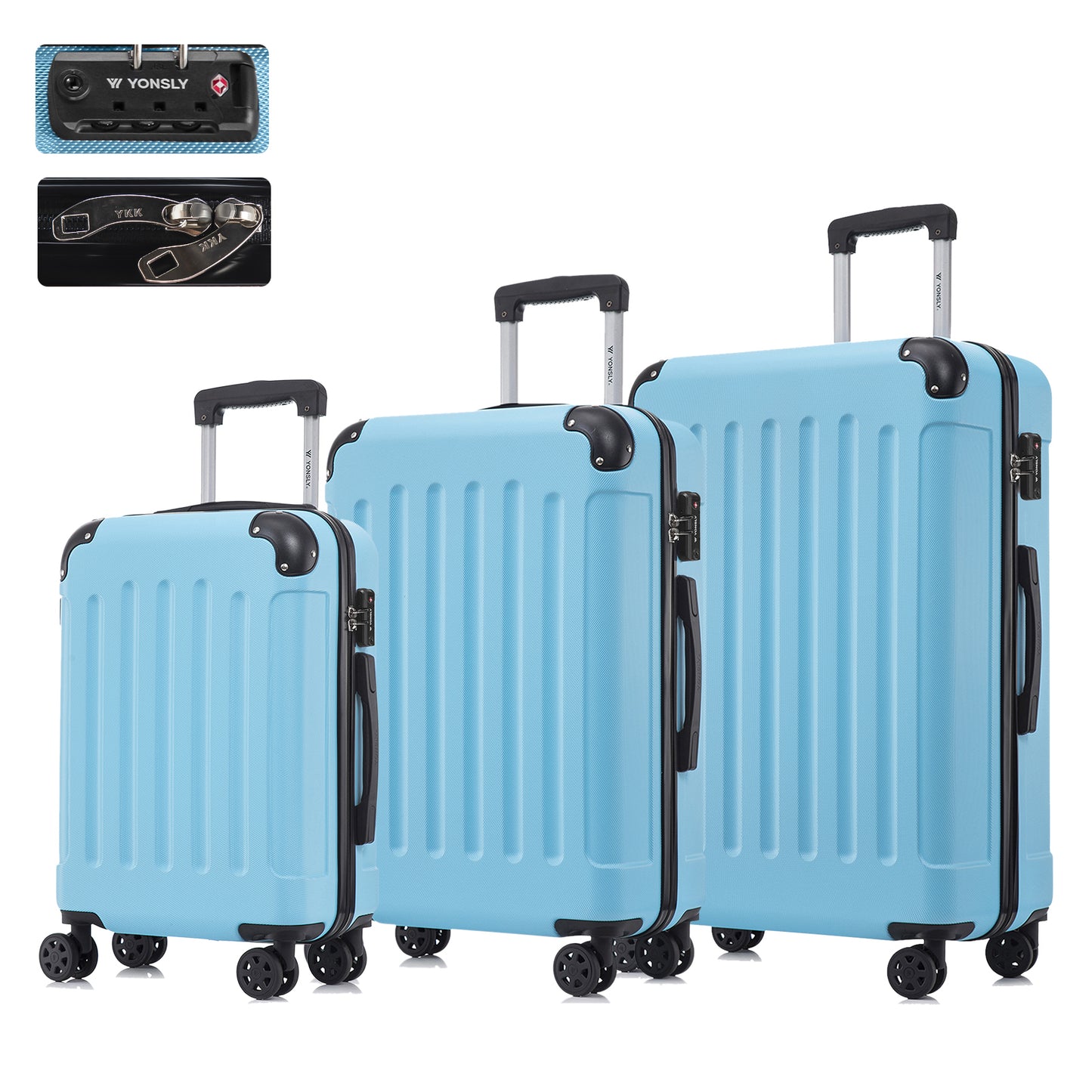 YONSLY® Premium Luggage TSA Lock, YKK Zipper Hardside Suitcase Trolley Cabin Suitcase Rolling Suitcase Hand Luggage 4 Wheels (M-L-XL-Set)
