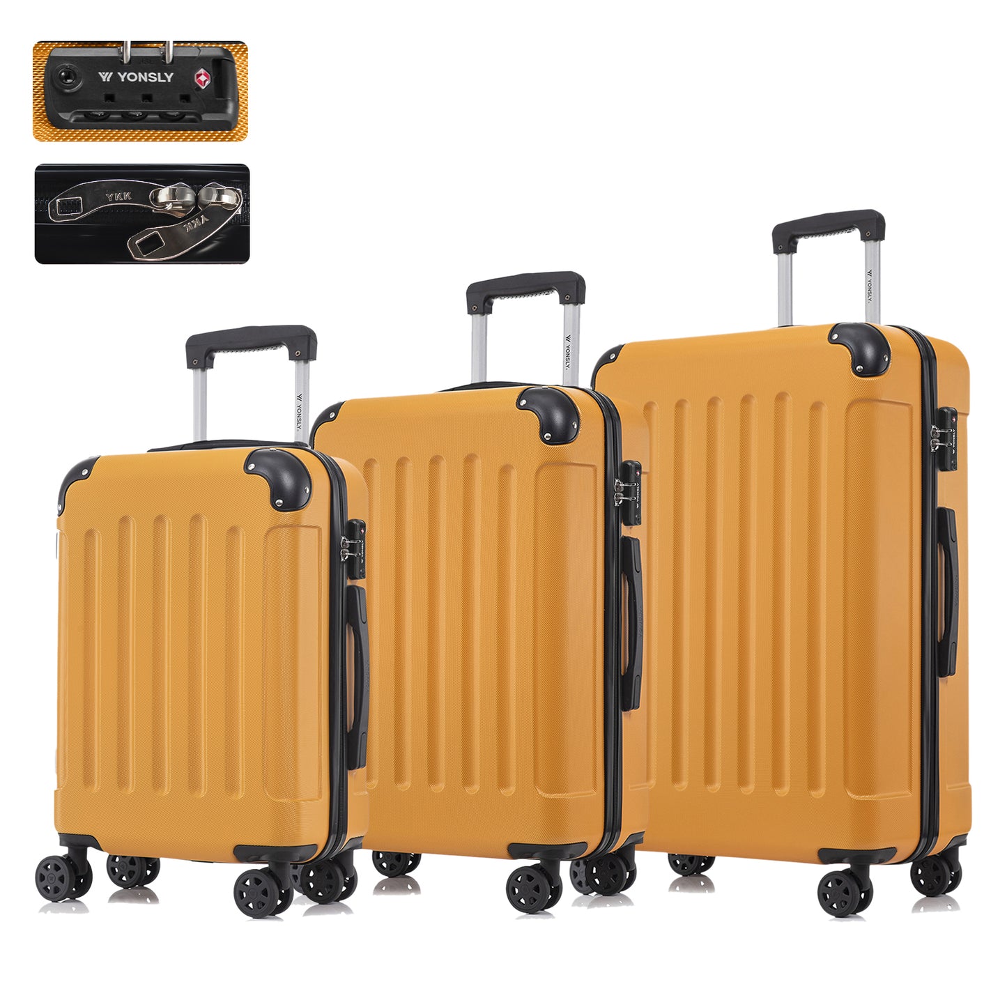 YONSLY® Premium Luggage TSA Lock, YKK Zipper Hardside Suitcase Trolley Cabin Suitcase Rolling Suitcase Hand Luggage 4 Wheels (M-L-XL-Set)