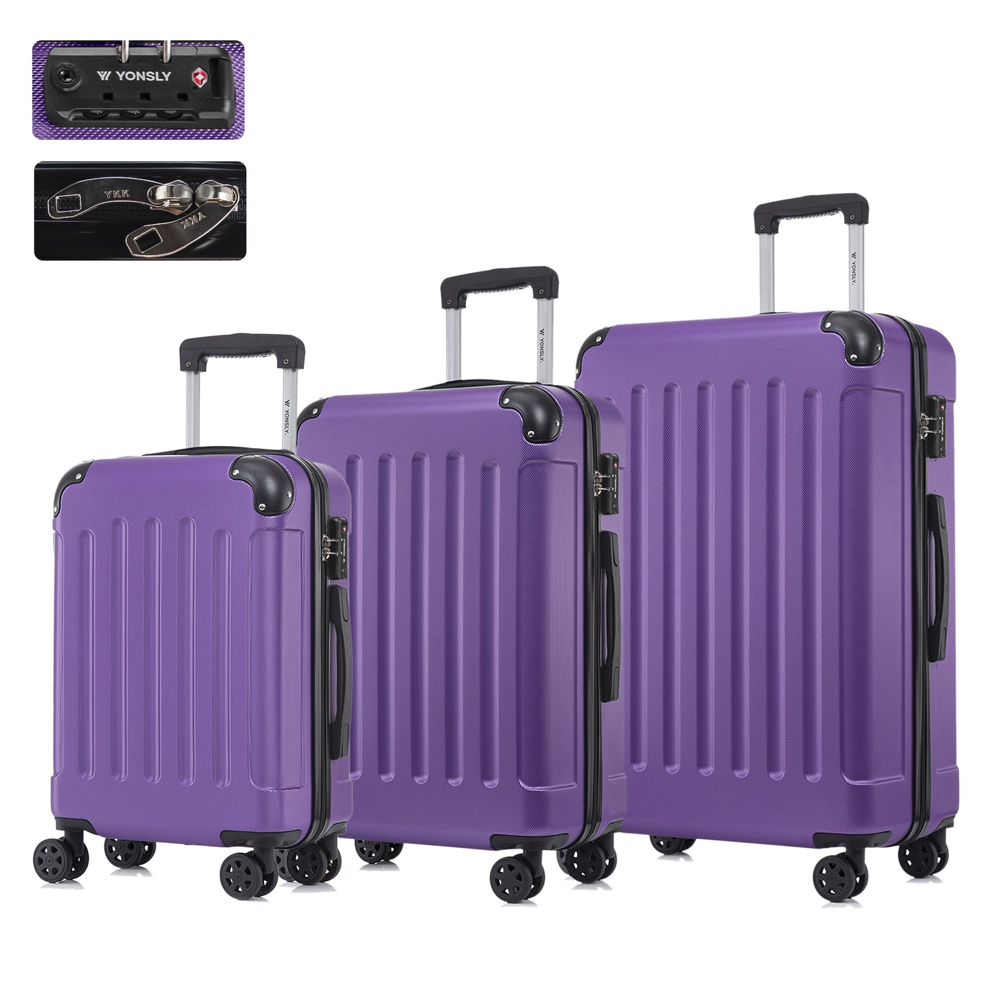 YONSLY® Premium Luggage TSA Lock, YKK Zipper Hardside Suitcase Trolley Cabin Suitcase Rolling Suitcase Hand Luggage 4 Wheels (M-L-XL-Set)
