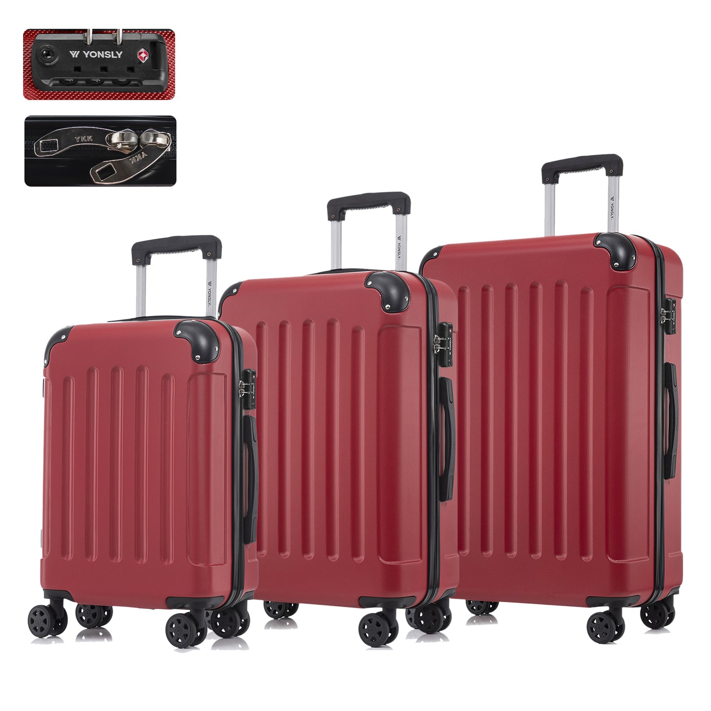 YONSLY® Premium Luggage TSA Lock, YKK Zipper Hardside Suitcase Trolley Cabin Suitcase Rolling Suitcase Hand Luggage 4 Wheels (M-L-XL-Set)
