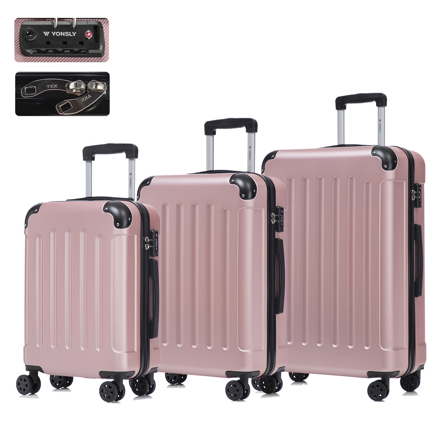 YONSLY® Premium Luggage TSA Lock, YKK Zipper Hardside Suitcase Trolley Cabin Suitcase Rolling Suitcase Hand Luggage 4 Wheels (M-L-XL-Set)