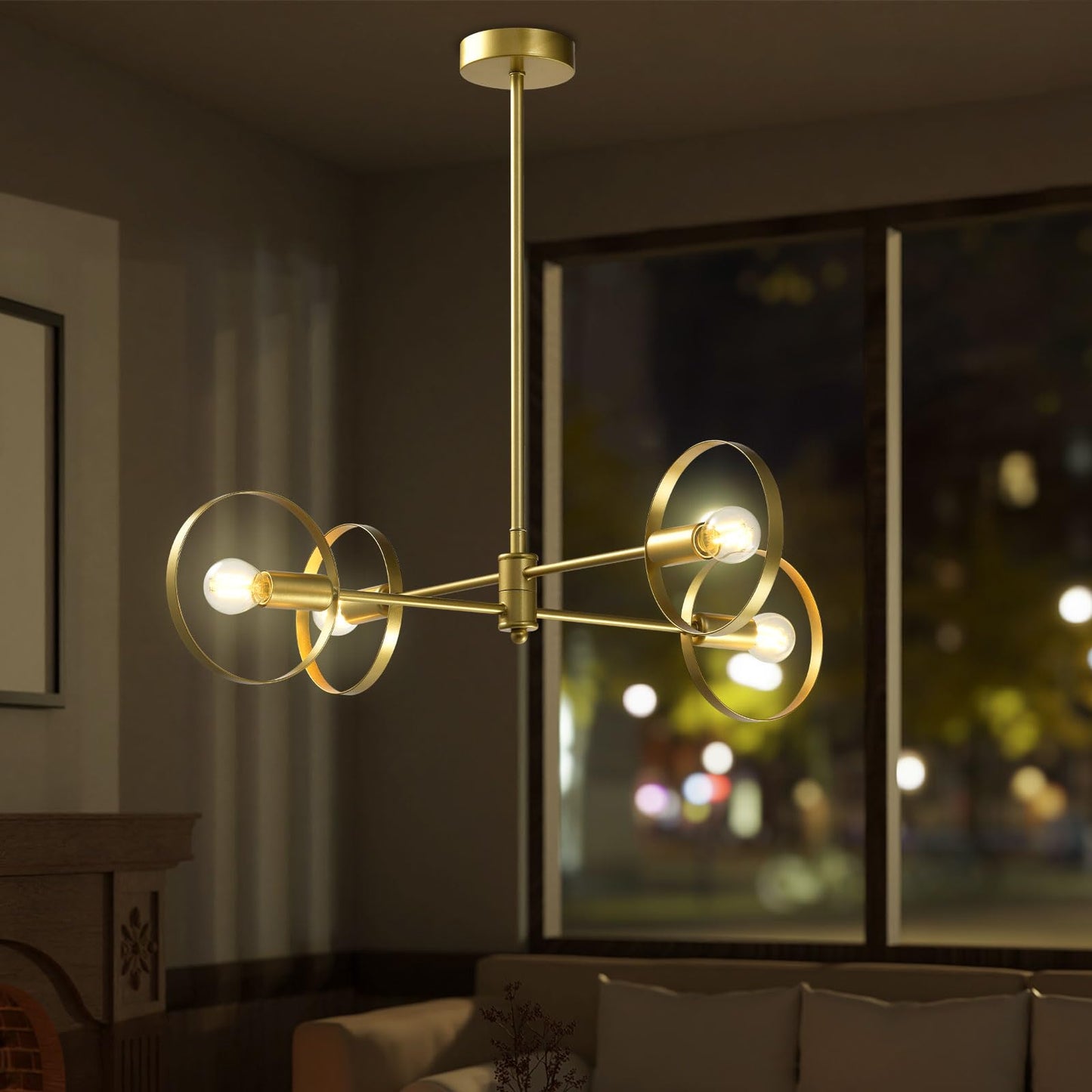 LQWELL® Chandelier 4-Light E14, Industrial Chandelier, Modern Pendant Light for Living Room Bedroom Dining Room Hallway Cafes Bar Studio, Metal Ceiling Lamp, Gold