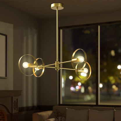 LQWELL® Chandelier 4-Light E14, Industrial Chandelier, Modern Pendant Light for Living Room Bedroom Dining Room Hallway Cafes Bar Studio, Metal Ceiling Lamp, Gold